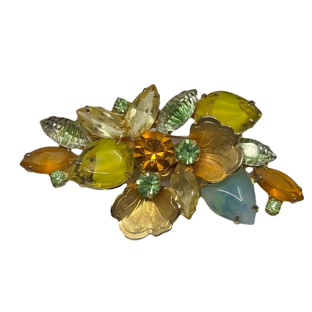 Vintage Gold Tone Floral Spray Brooch Multi Color Rhinestone Art Glass Pin
